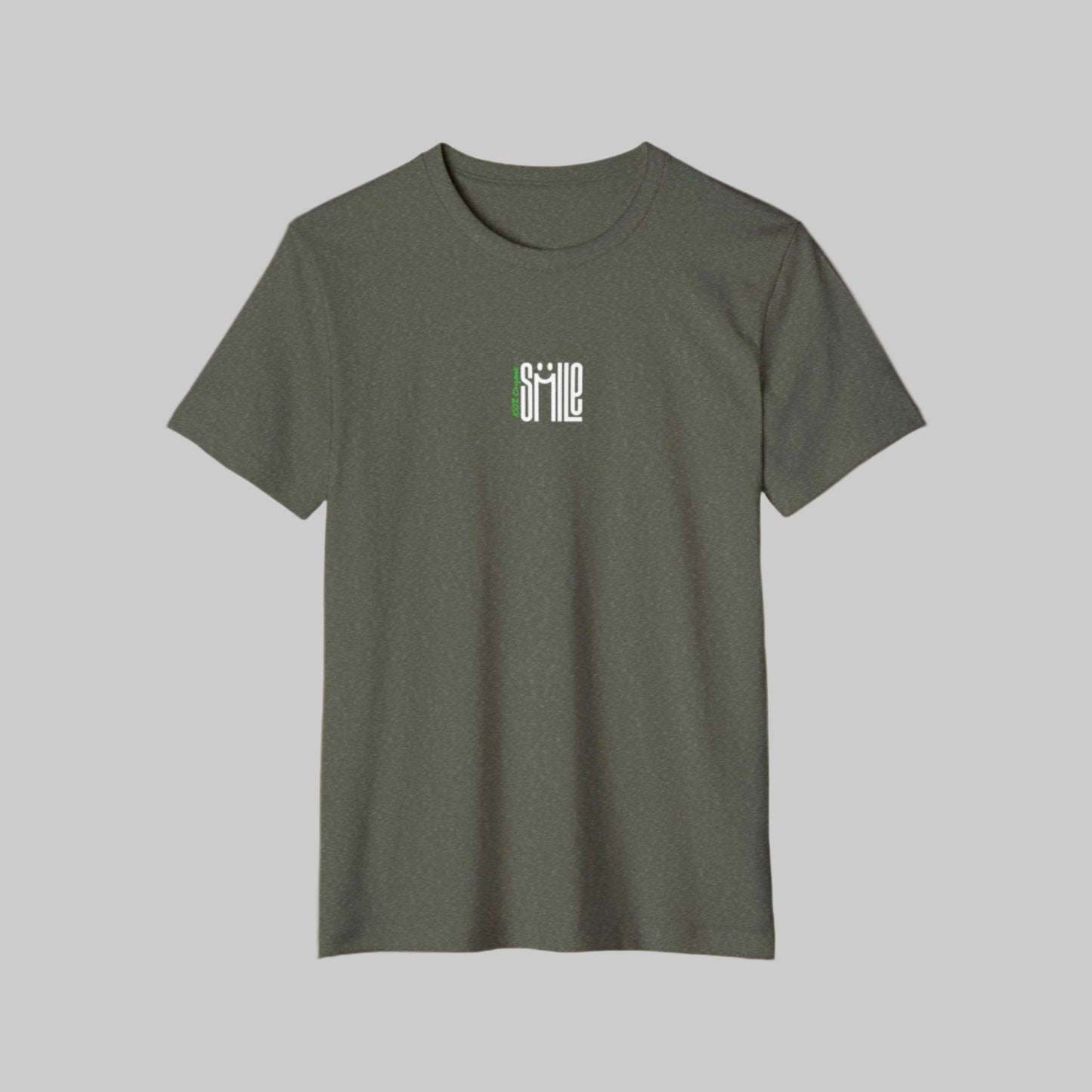 Green t-shirt with a logo on the chest against a white background