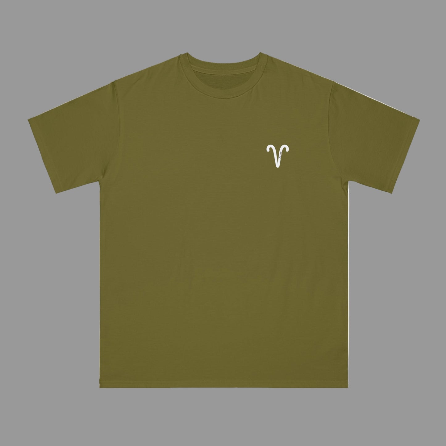 Green t-shirt with a white logo on a white background