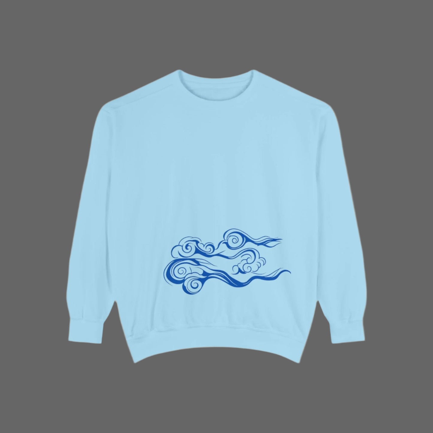 A person wearing a white garment-dyed sweatshirt with a unique blue wave design on the back.