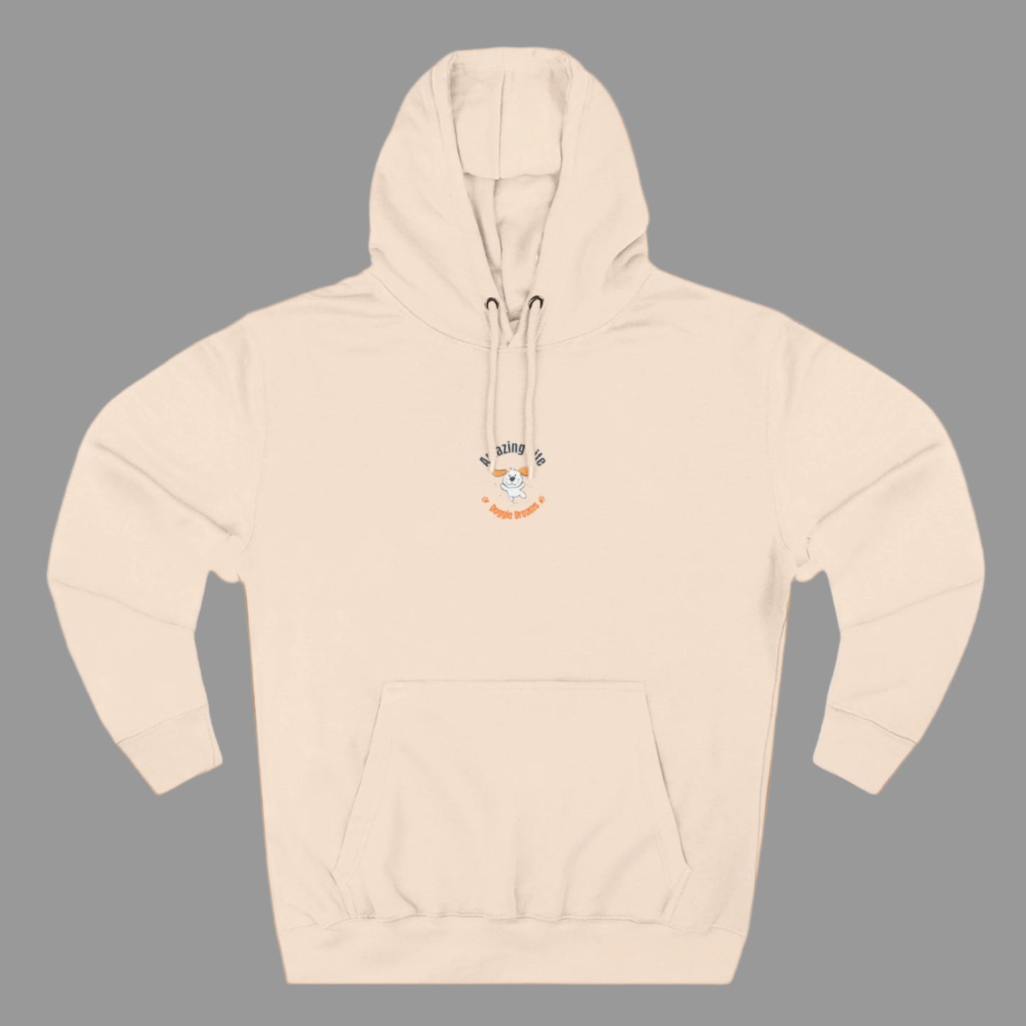 Beige hoodie with a logo on a white background
