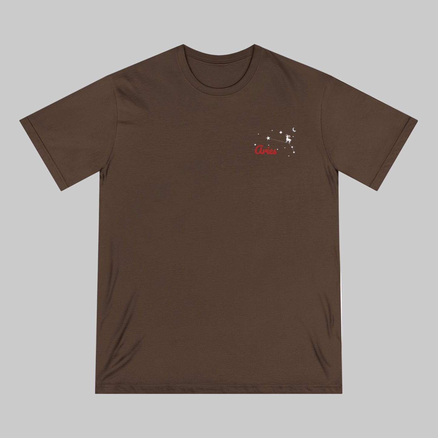 Brown t-shirt with a small logo on the chest against a white background