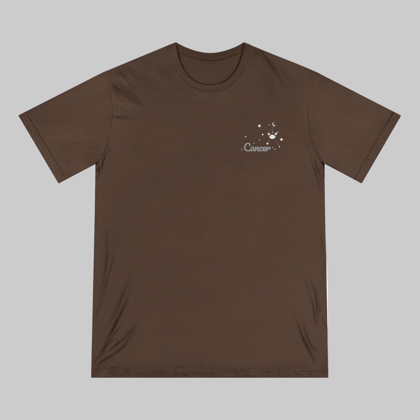 Brown t-shirt with a small white graphic and text on a white background