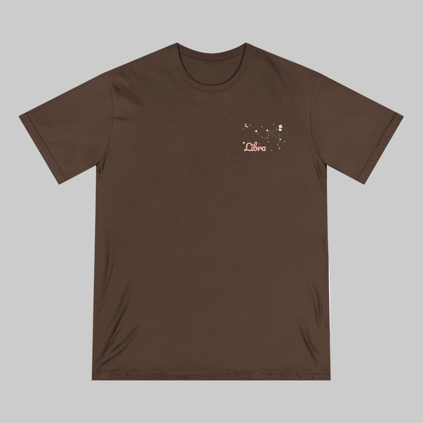 Brown t-shirt with 'Libra' design on a white background