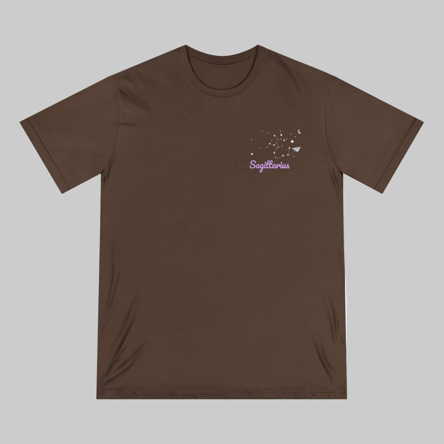 Brown t-shirt with 'Sagittarius' design on a white background