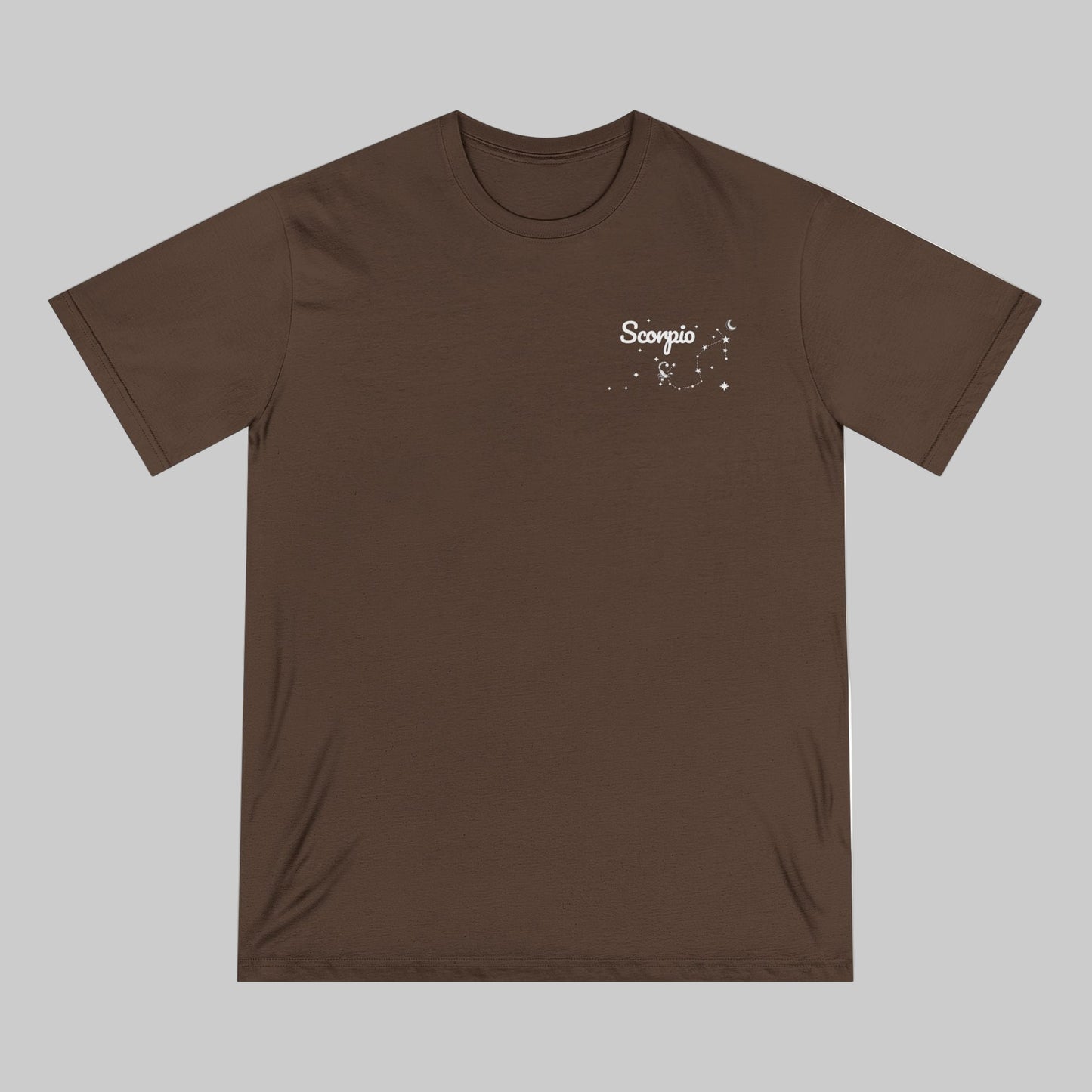 Brown t-shirt with 'Scorpio' design on a white background