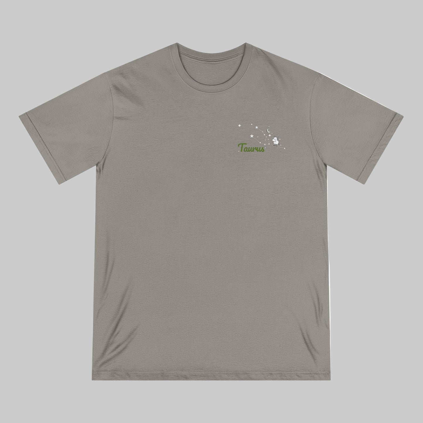 Gray t-shirt with a small logo on a white background