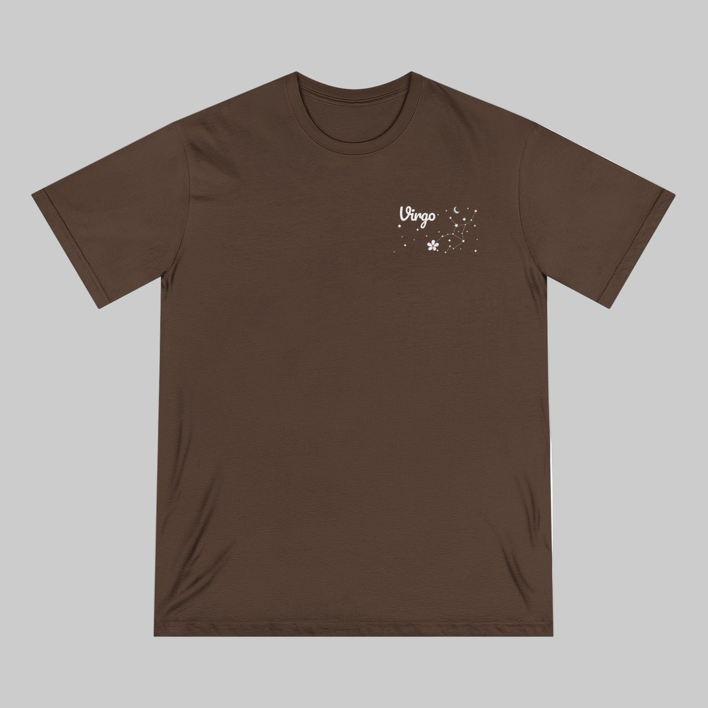 Brown t-shirt with 'Virgo' and a star sign design on a white background