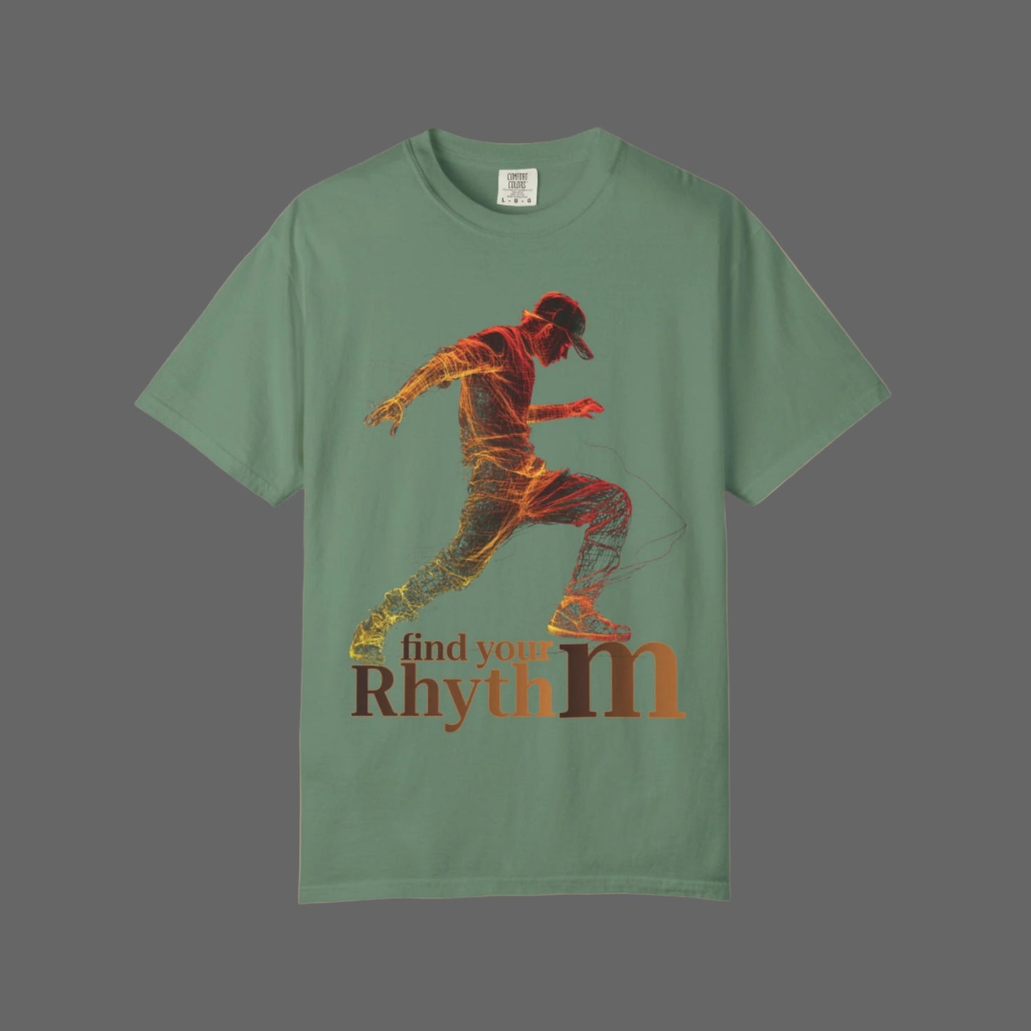 Green t-shirt with a graphic of a person running and 'find your rhythm' text on a white background