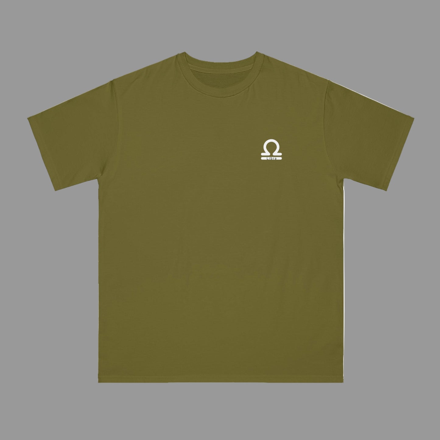 Green t-shirt with a white logo on a white background