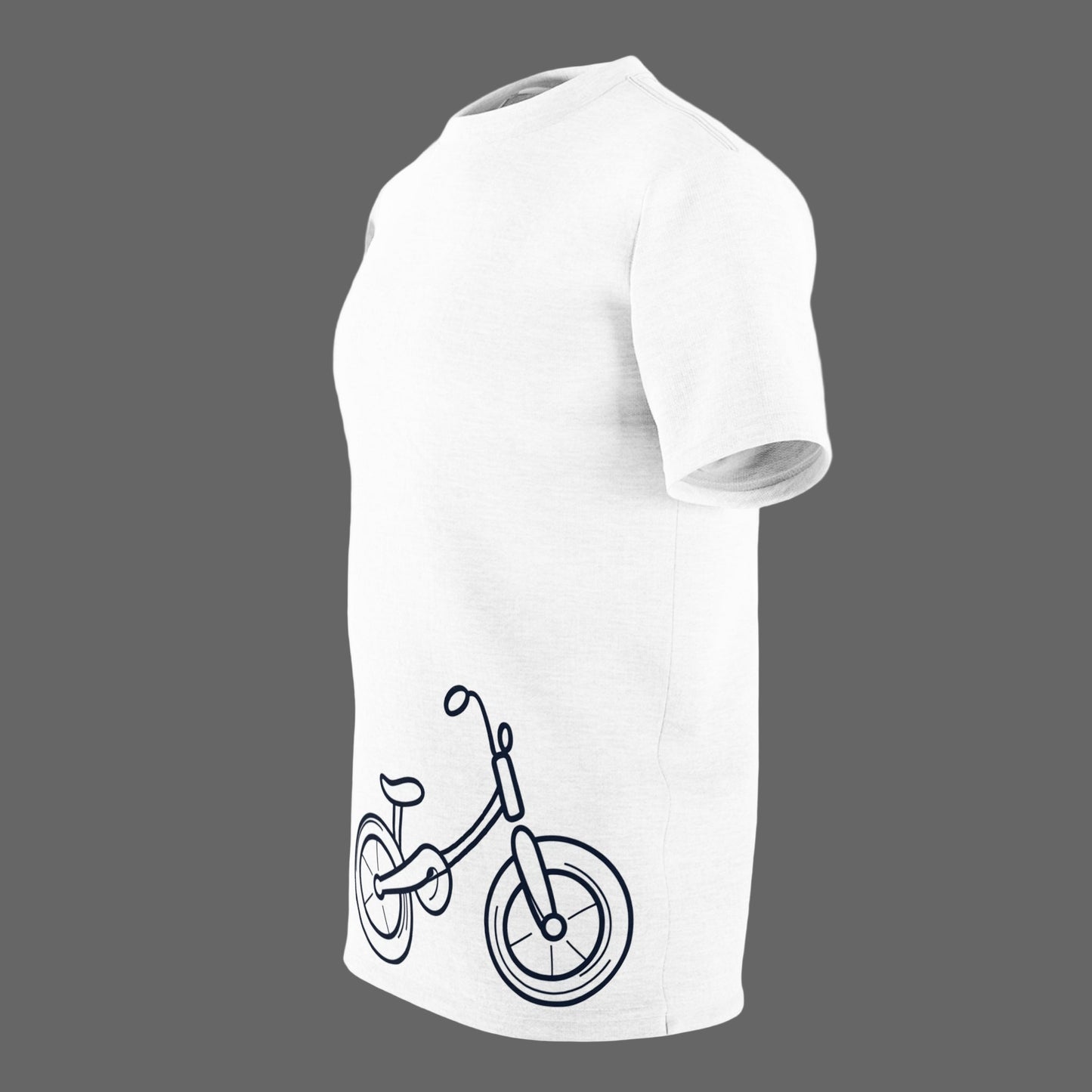White t-shirt with a black bicycle graphic on a white background