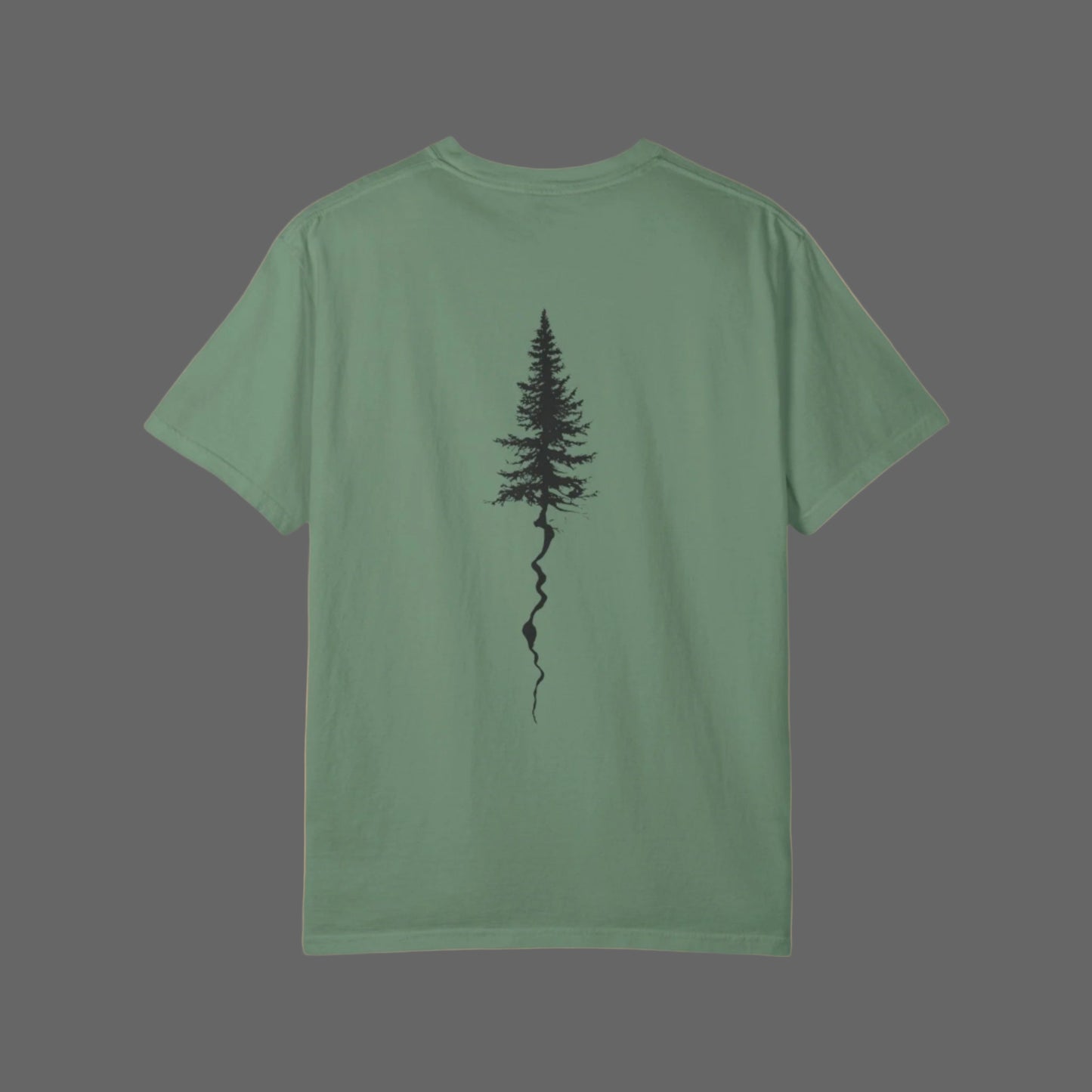 Green t-shirt with a black tree design on the back against a white background