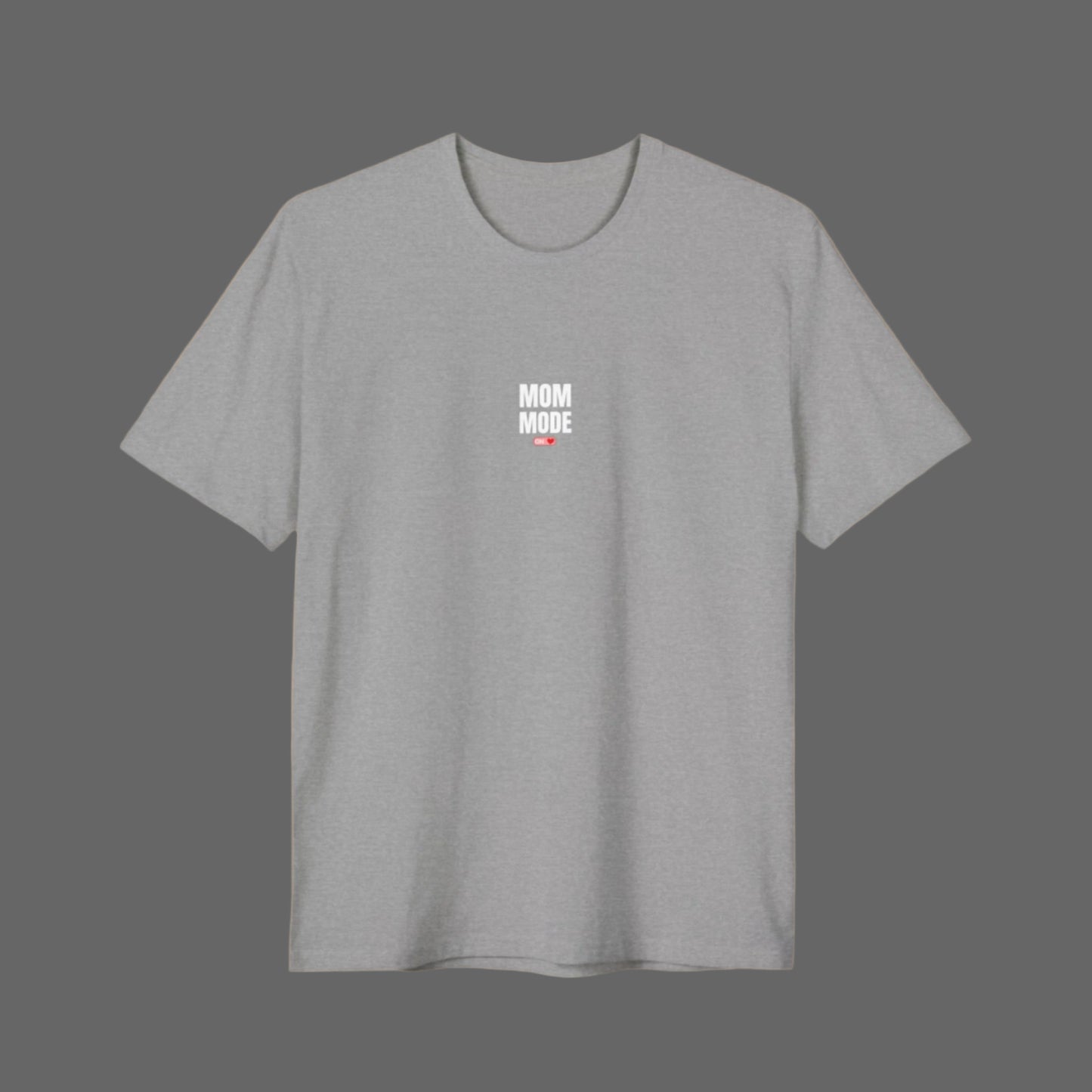 A woman wearing a black crew neck t-shirt with the text 'MOM MODE' on the front.