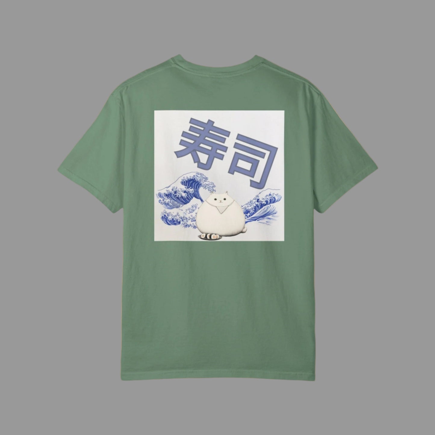 Green t-shirt with a graphic of a polar bear and Japanese text on a white background