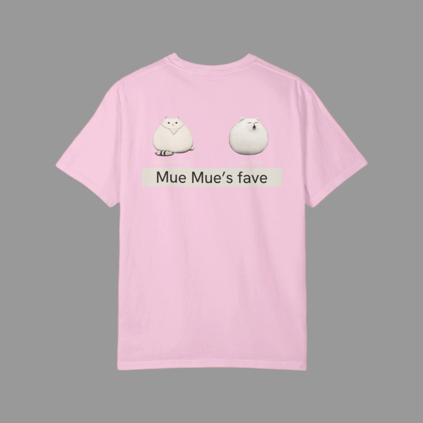 Pink t-shirt with cartoon characters and text on a white background