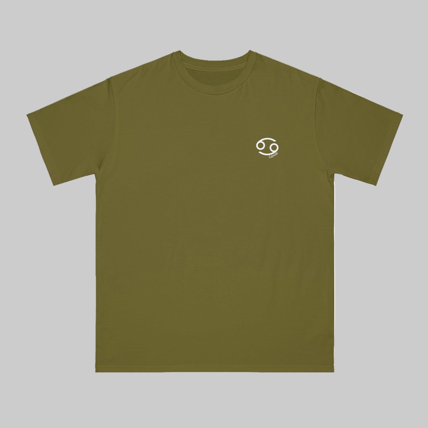 Green t-shirt with a small white logo on a white background