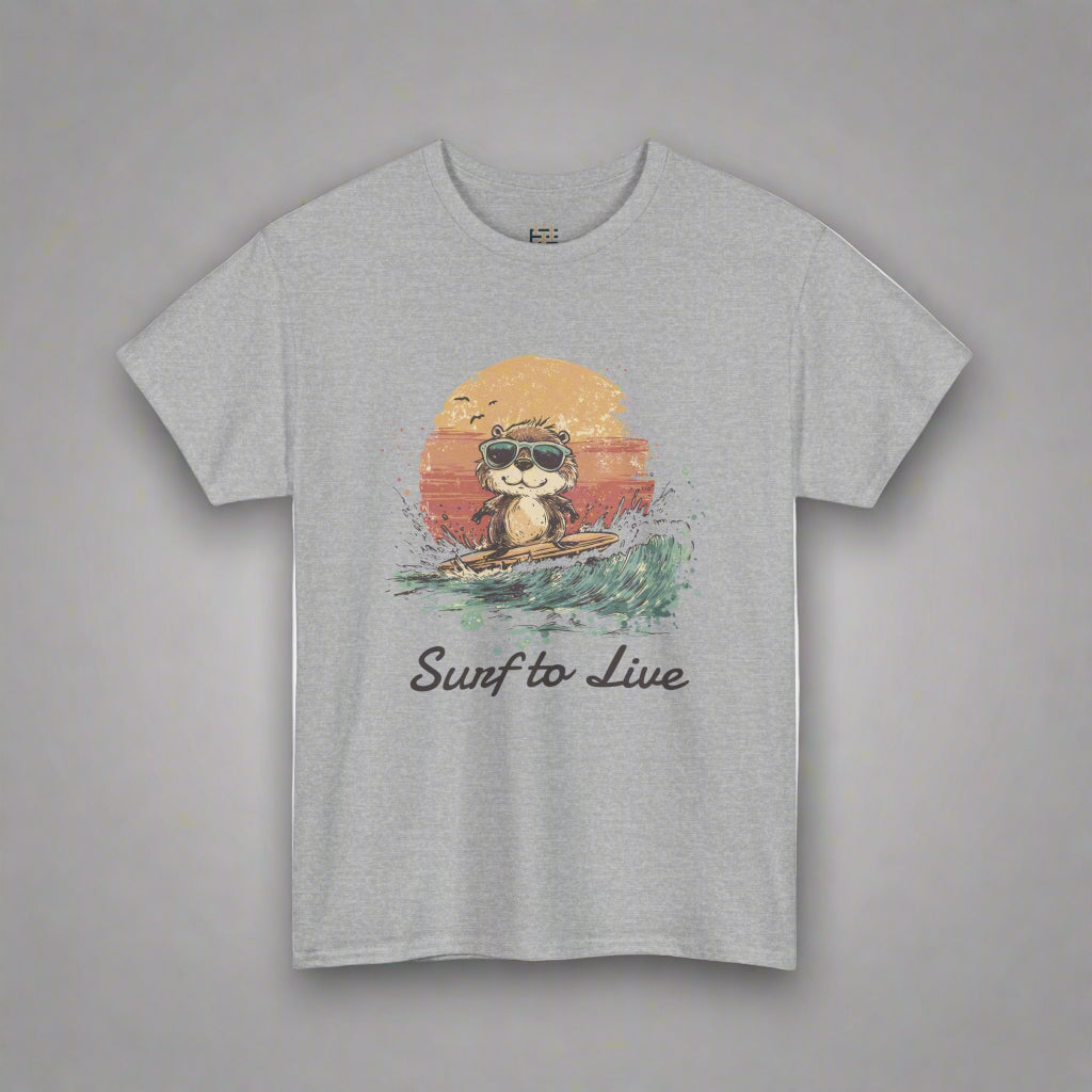 Gray t-shirt with a graphic of a sloth surfing and 'Surf to Live' text on a white background