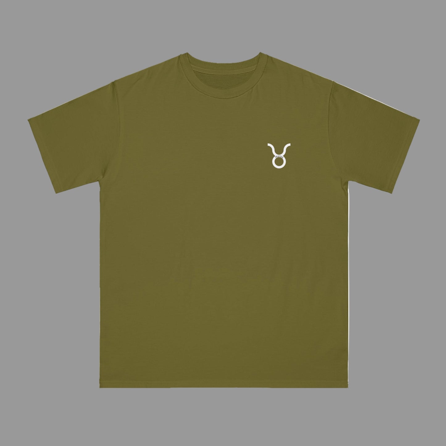 Green t-shirt with a white logo on a white background