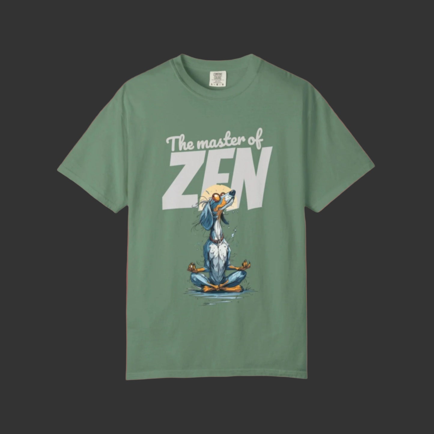 Green t-shirt with a cartoon dog in a Zen pose and 'The master of ZEN' text on a white background