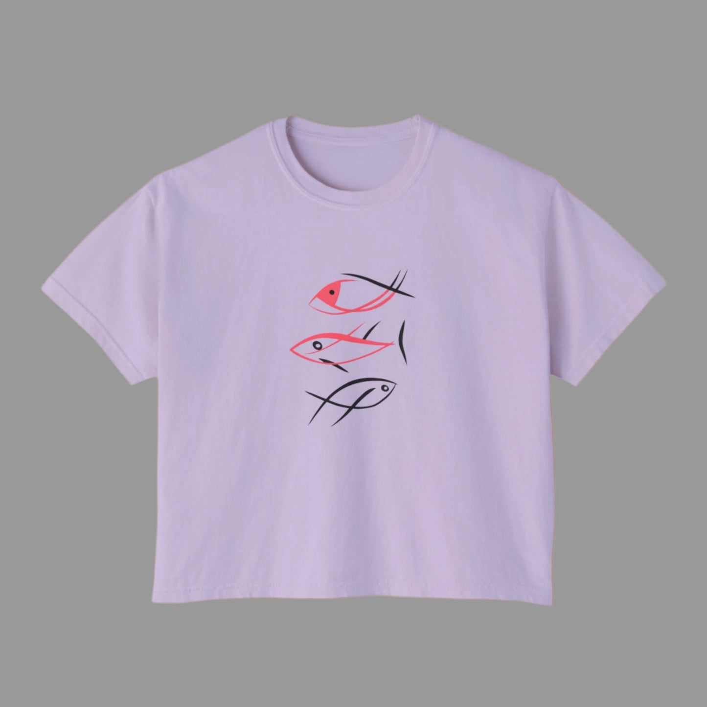 Lavender t-shirt with abstract fish design on a white background