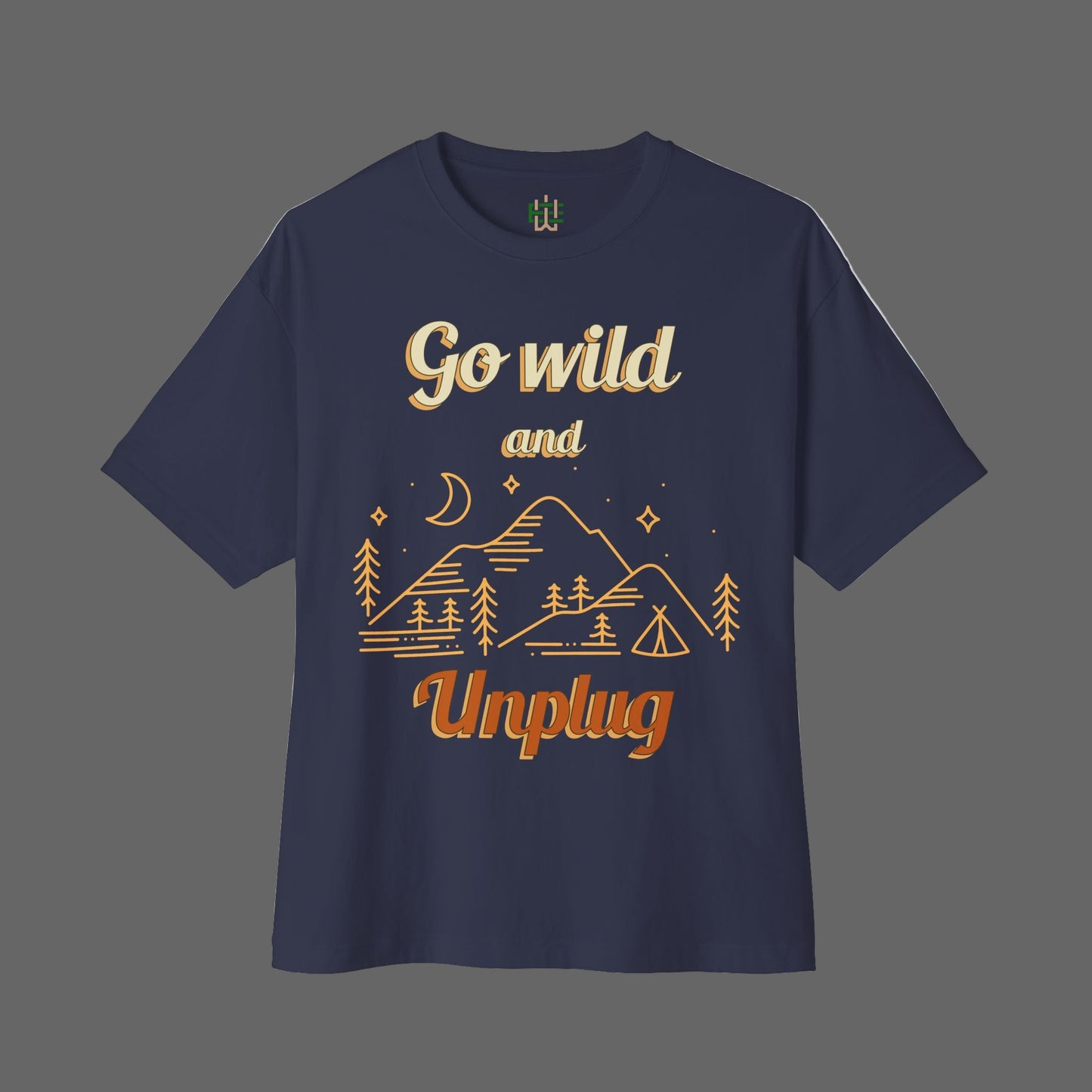 Navy blue t-shirt with 'Go wild and Unplug' text and mountain graphic on a white background