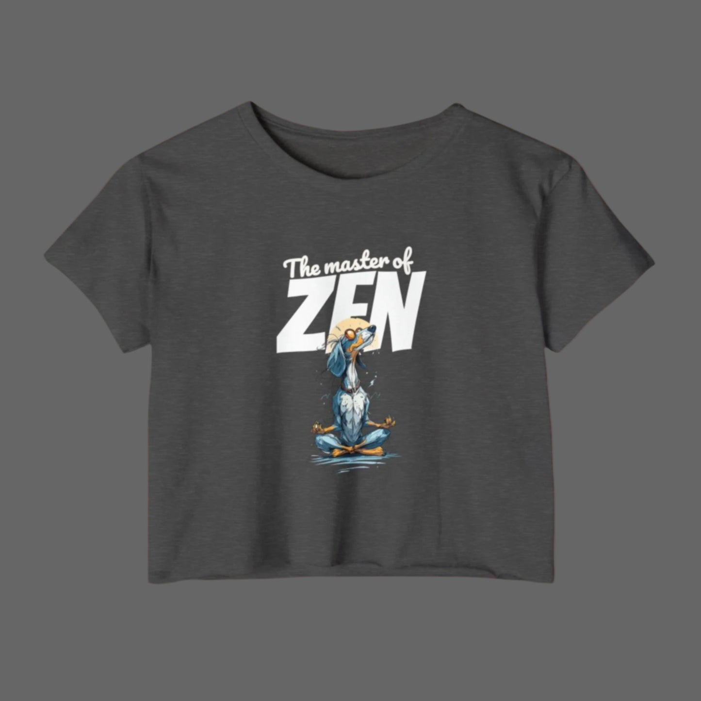 Dark gray t-shirt with a cartoon duck in a meditative pose and 'The master of Zen' text on a white background.