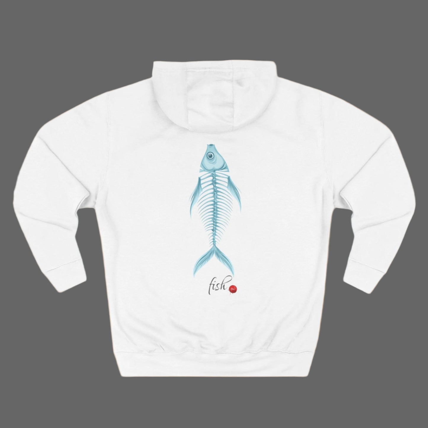 A person wearing a white fleece hoodie with a fish bone design on the back, standing against an orange background.