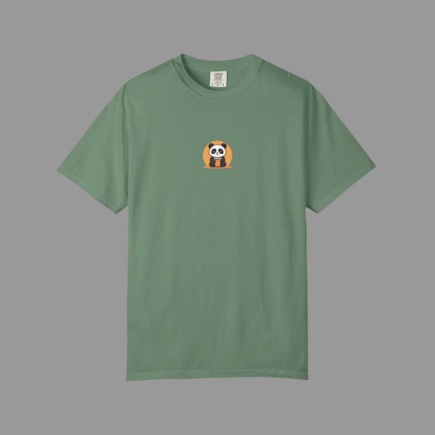 Green t-shirt with a small panda design on a white background
