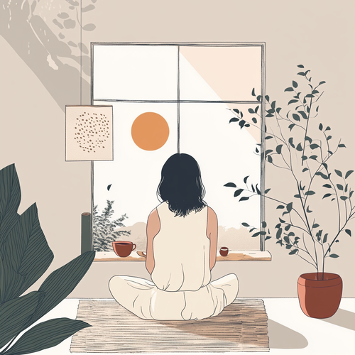 A dark hair woman sitting on the floor on a mat, facing the window with a cup of tea on a table in front of her.  A Ficus tree in a brown ceramic pot sits next to her on the right and a paper lantern hanging from the ceiling to her left.