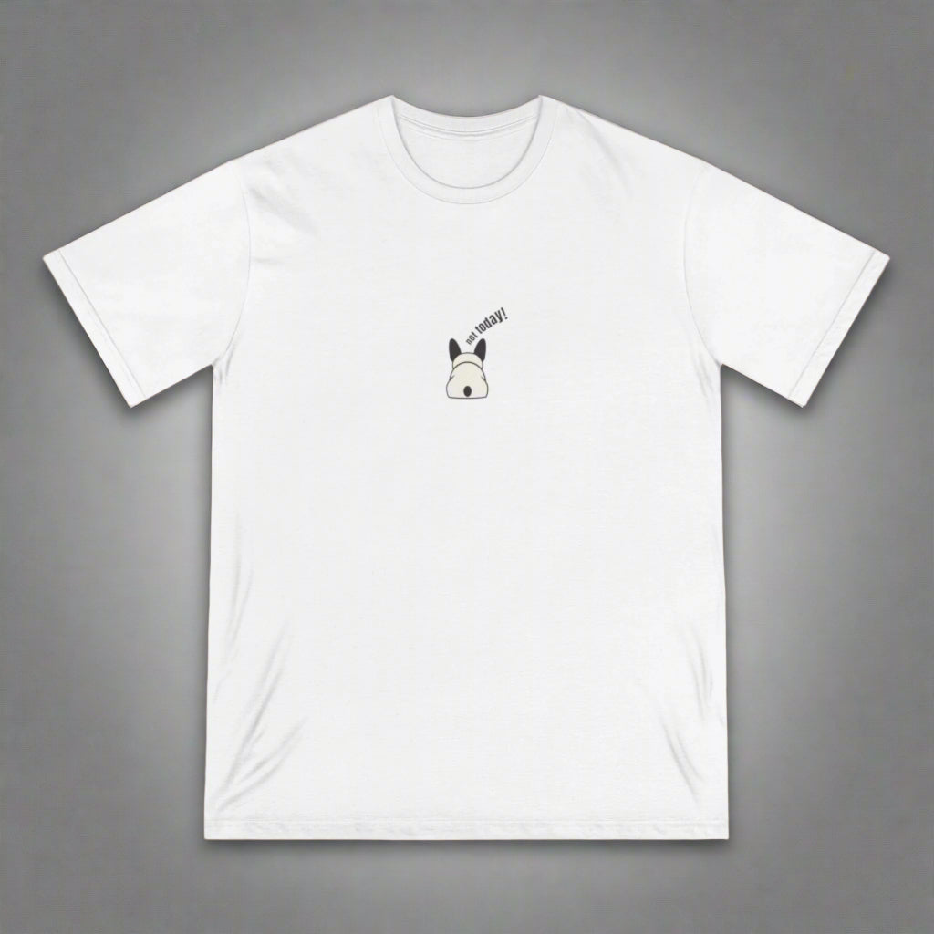 White t-shirt with a dog graphic and text on a brown background