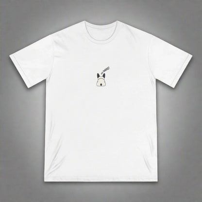 White t-shirt with a dog graphic and text on a brown background