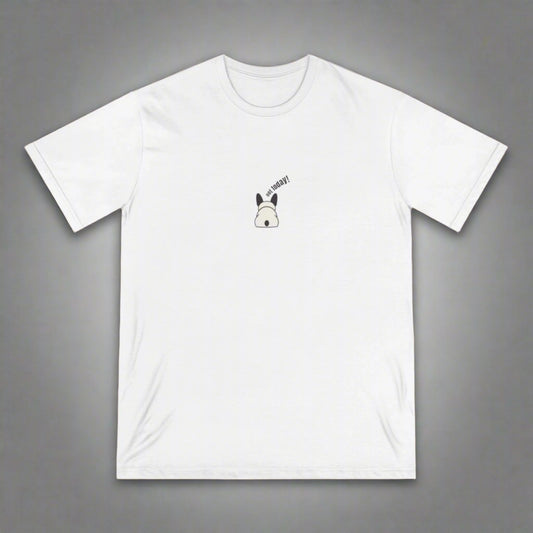 White t-shirt with a dog graphic and text on a brown background