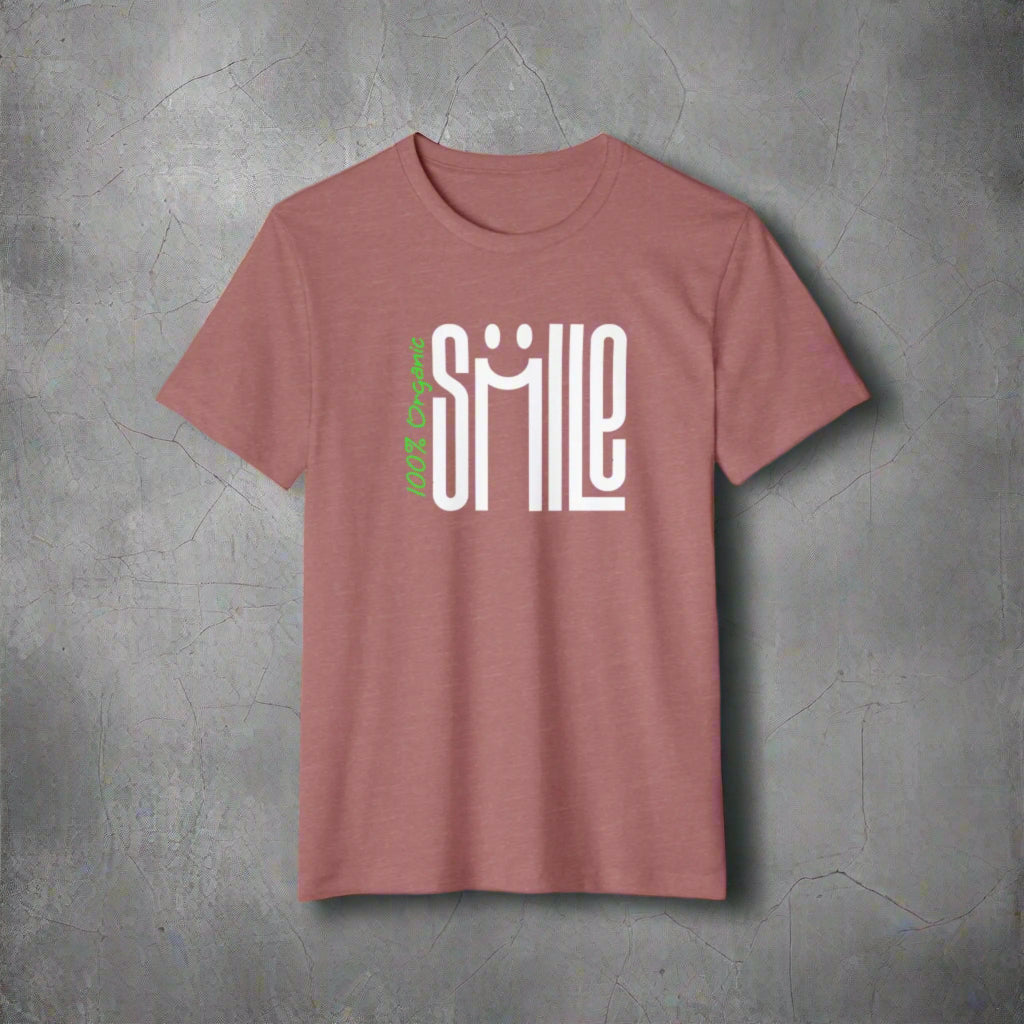 Mauve t-shirt with 'smile' graphic design on a white background