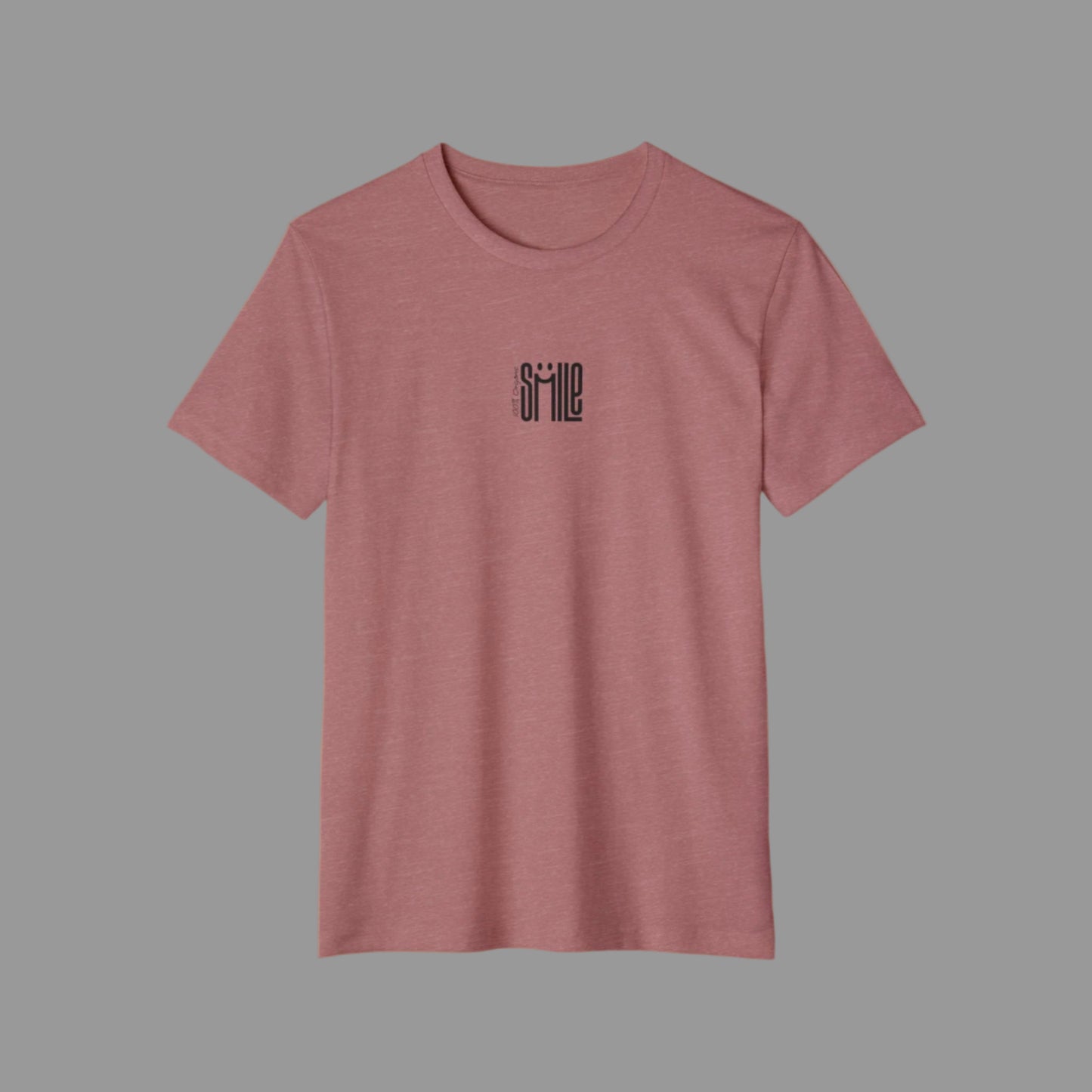 Mauve t-shirt with 'smile' text on a white background