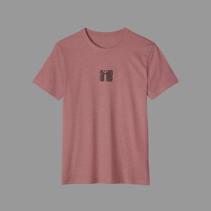 Mauve t-shirt with 'smile' text on a white background