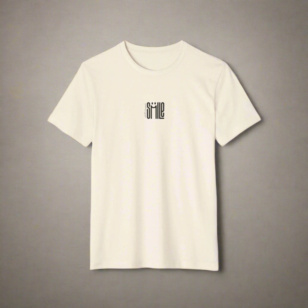 Beige t-shirt with 'smile' text on a white background