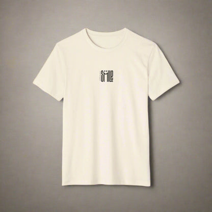 Beige t-shirt with 'smile' text on a white background