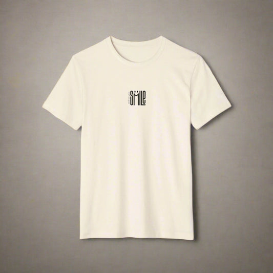 Beige t-shirt with 'smile' text on a white background