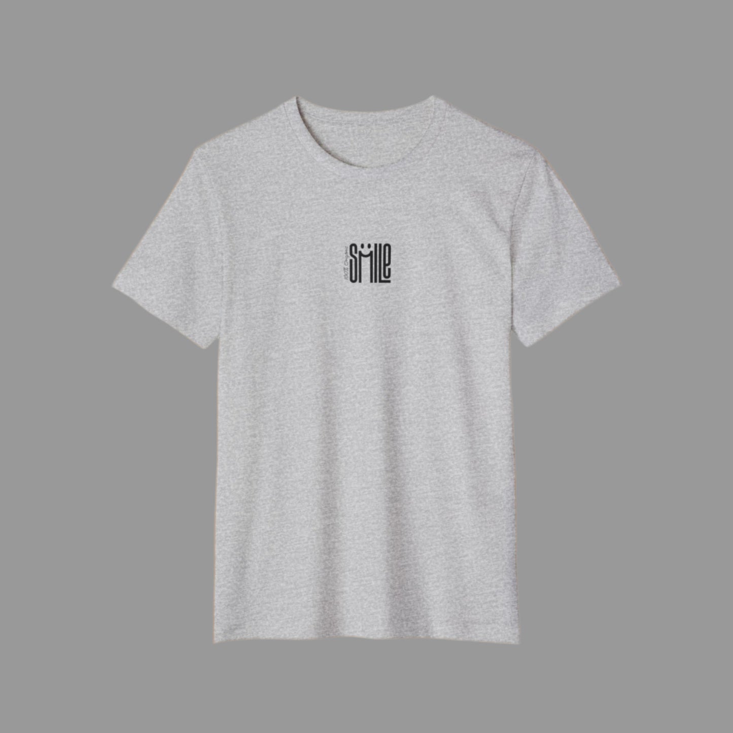 Gray t-shirt with 'smile' text on a white background