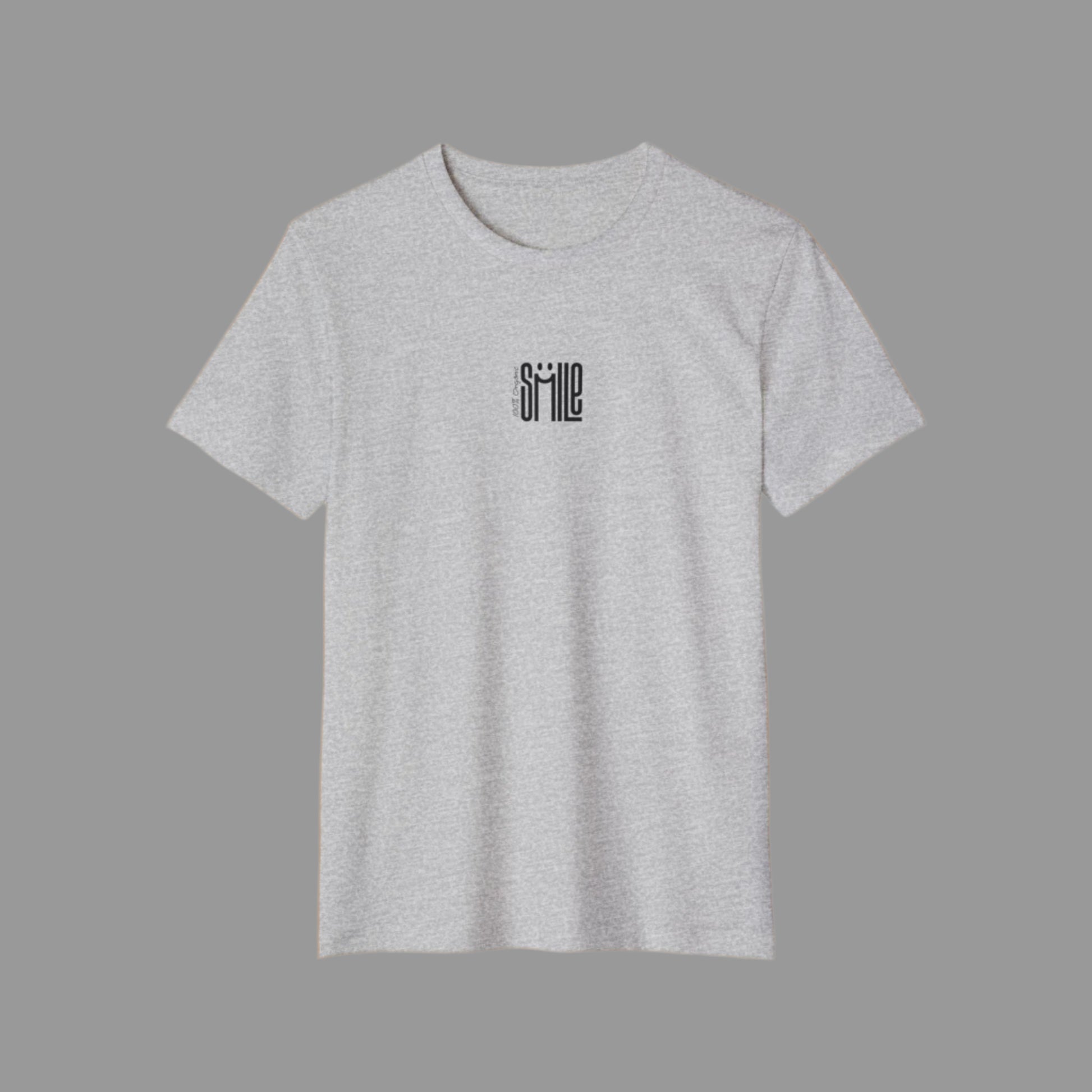 Gray t-shirt with 'smile' text on a white background