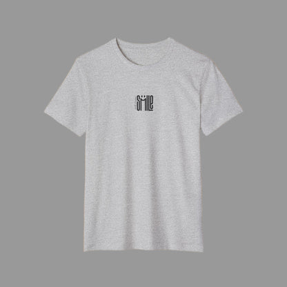 Gray t-shirt with 'smile' text on a white background