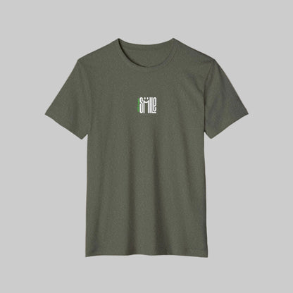 Green t-shirt with a logo on the chest against a white background