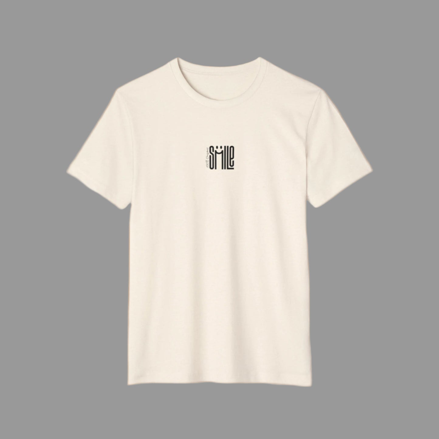 Beige t-shirt with 'smile' text on a white background