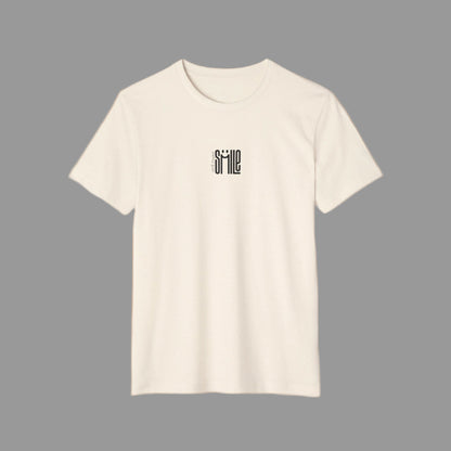 Beige t-shirt with 'smile' text on a white background