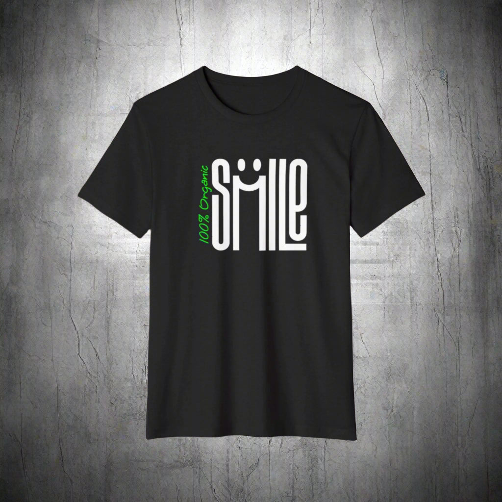Black t-shirt with '100% Organic Smile' text on a white background