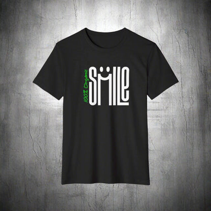 Black t-shirt with '100% Organic Smile' text on a white background