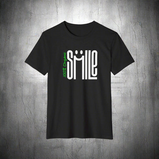 Black t-shirt with '100% Organic Smile' text on a white background