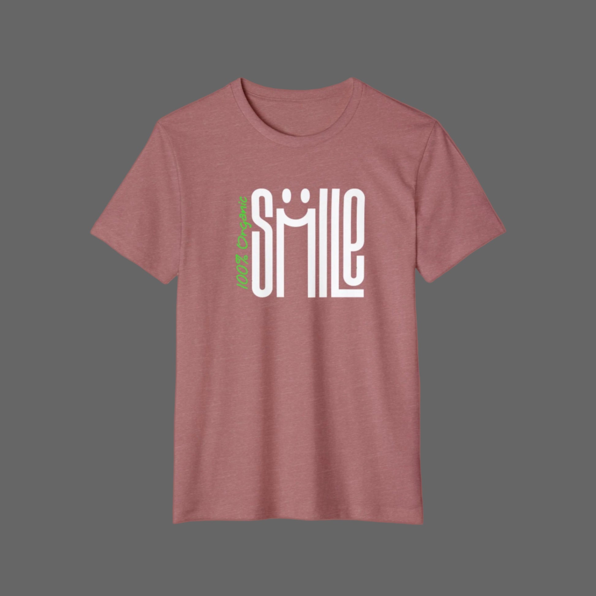 Mauve t-shirt with 'smile' text and smiley face design on a white background