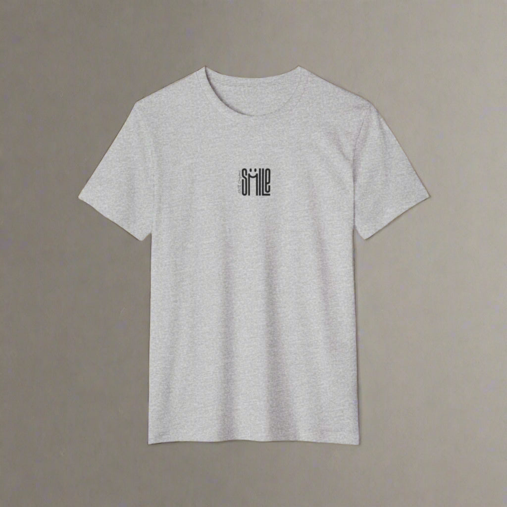 Gray t-shirt with 'smile' text on a white background