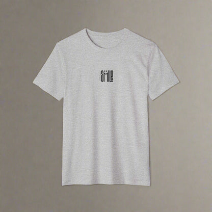 Gray t-shirt with 'smile' text on a white background