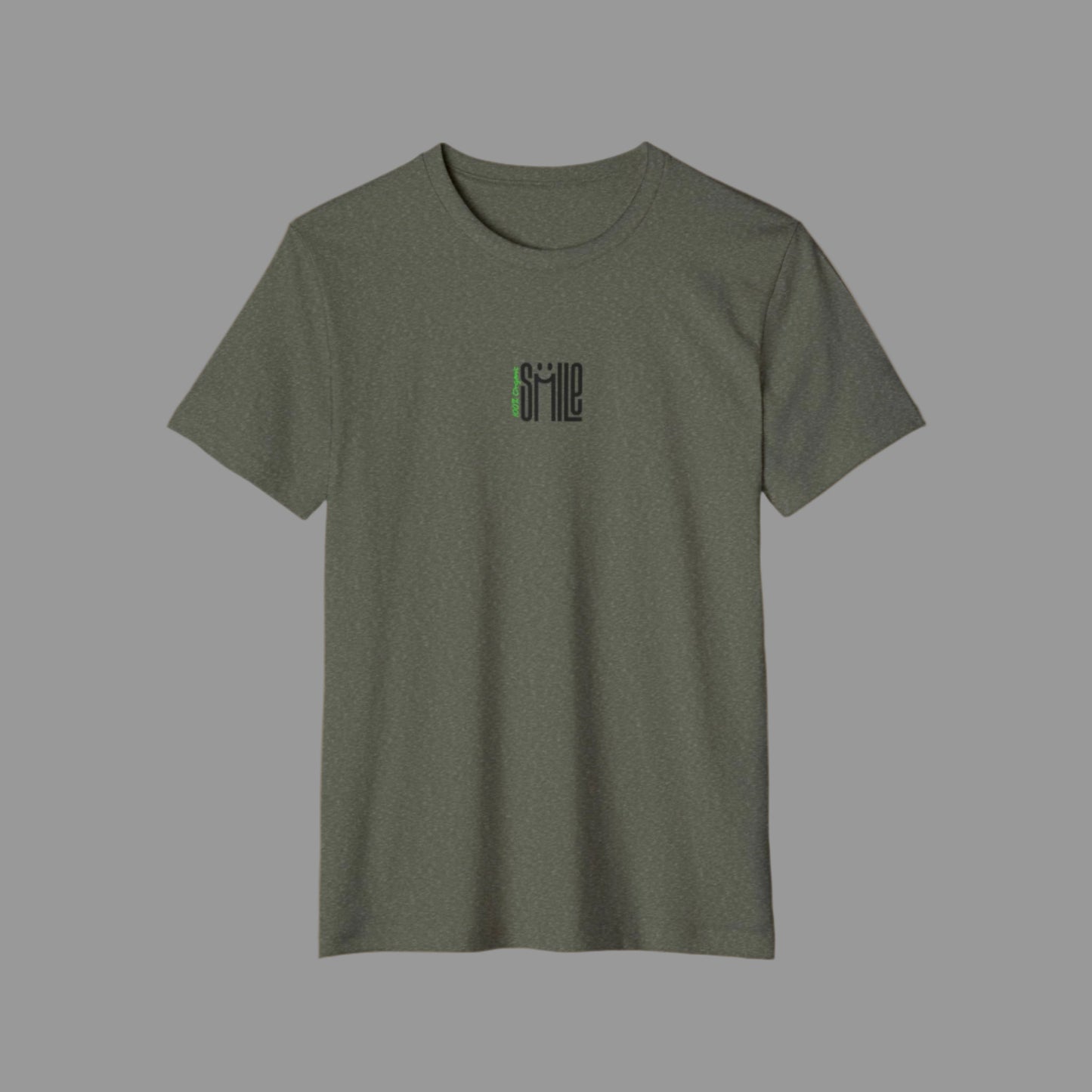 Green t-shirt with 'smile' text on a white background